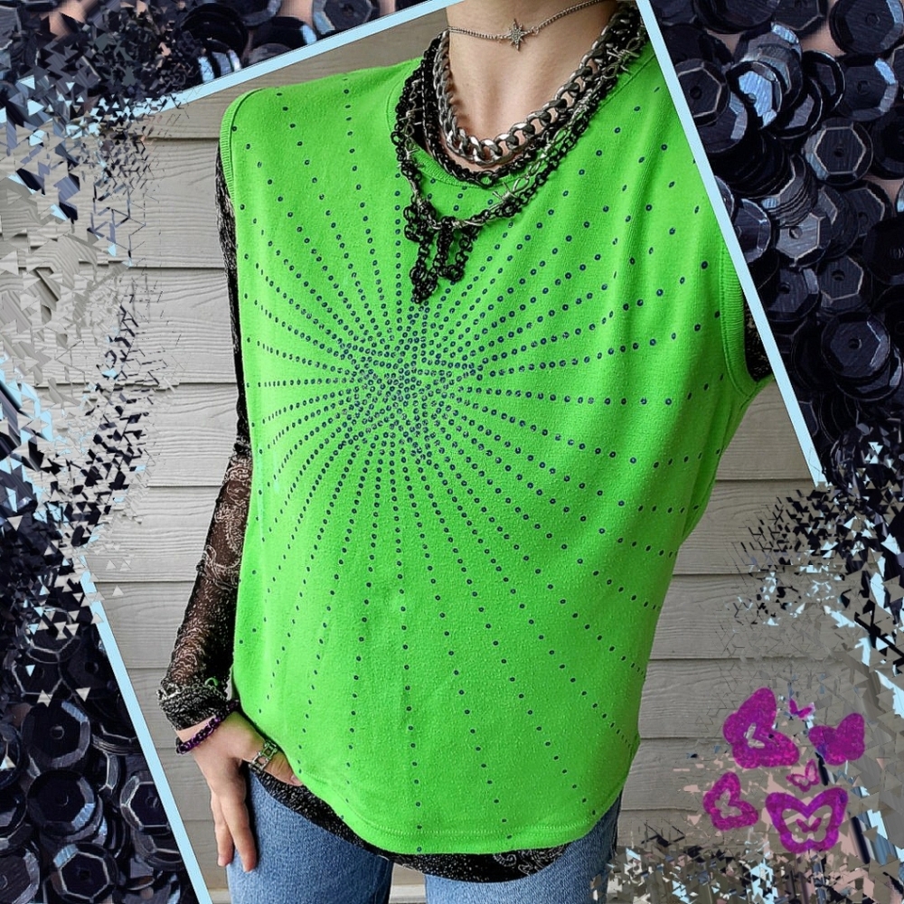 Vibrant Green Y2K Blue Sequin Starburst Embellished Graphic Summer Sweater Vest